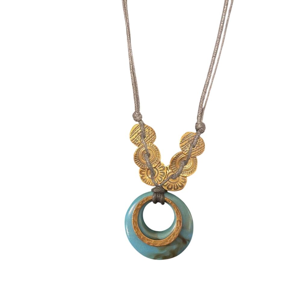 Turquoise circle statement necklace with gold tone, and black cord